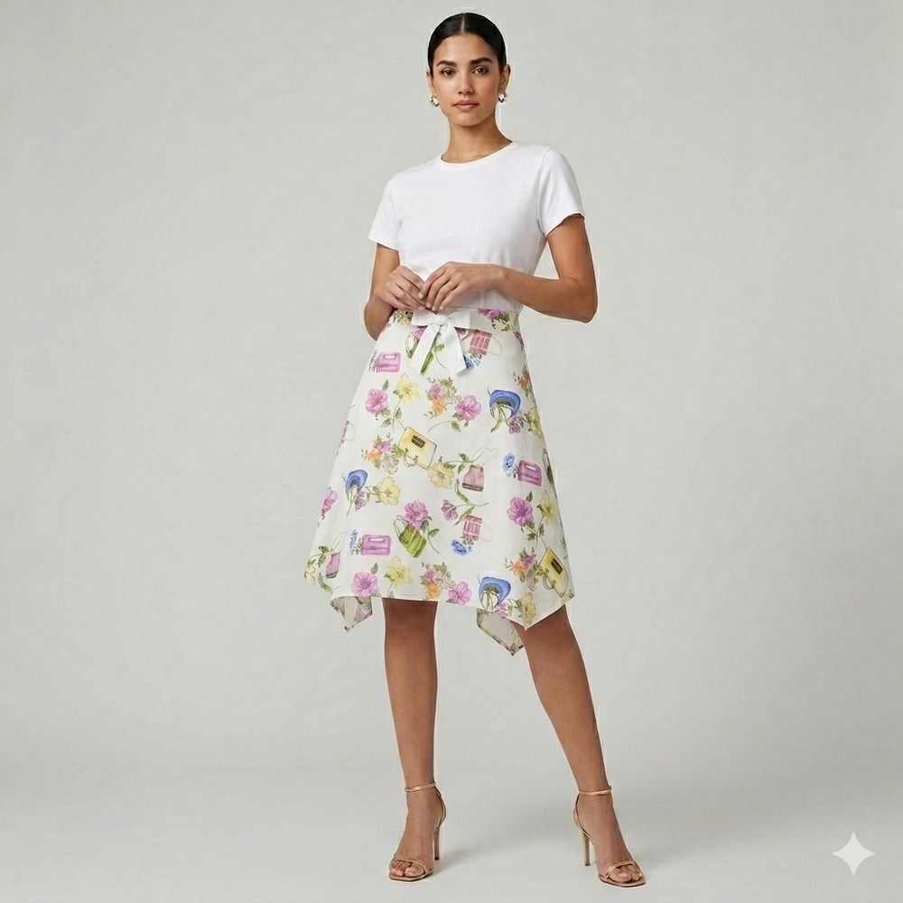 Sag Harbor Midi Skirt Women XL White Floral Handbag Print Handkerchief Hem‎ Bow